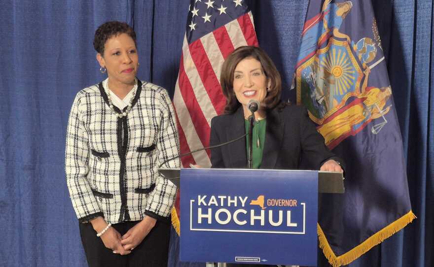 Former New York City Council Speaker Adrienne Adams, left, makes her first joint appearance with Gov. Kathy Hochul at a news conference Thursday afternoon in Syracuse.