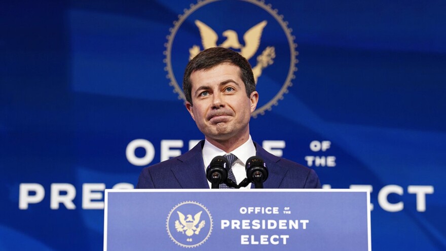 Former South Bend, Ind. Mayor Pete Buttigieg, President-elect Joe Biden's nominee to be transportation secretary, speaks after Biden announced his nomination during a news conference at The Queen theater in Wilmington, Del., Wednesday, Dec. 16, 2020.