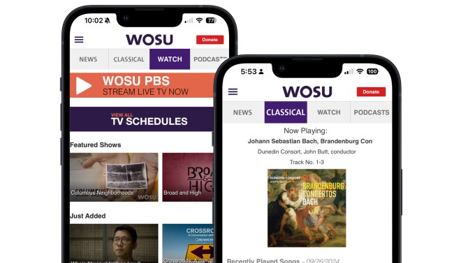 WOSU mobile apps featuring Classical 101 now playing and WOSU TV content.