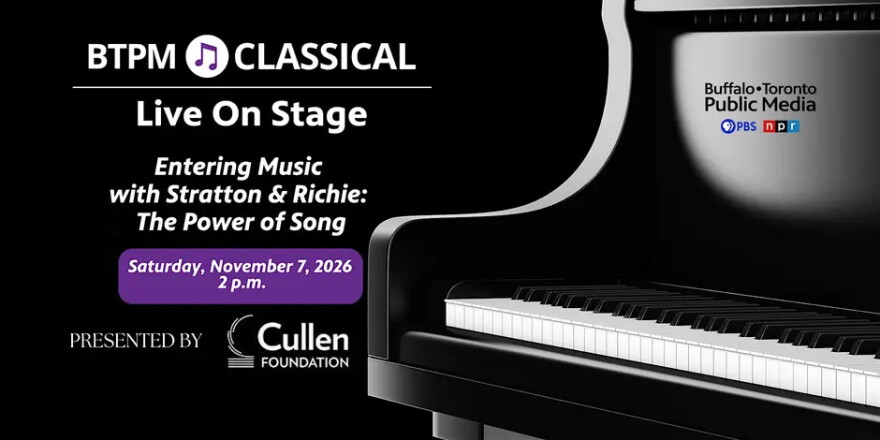 black grand piano against a black background. White BTPM Classical Live On Stage logo, white text reading Entering Music with Stratton & Richie: The Power of Song PRESENTED BY followed by a white Cullen Foundation logo.