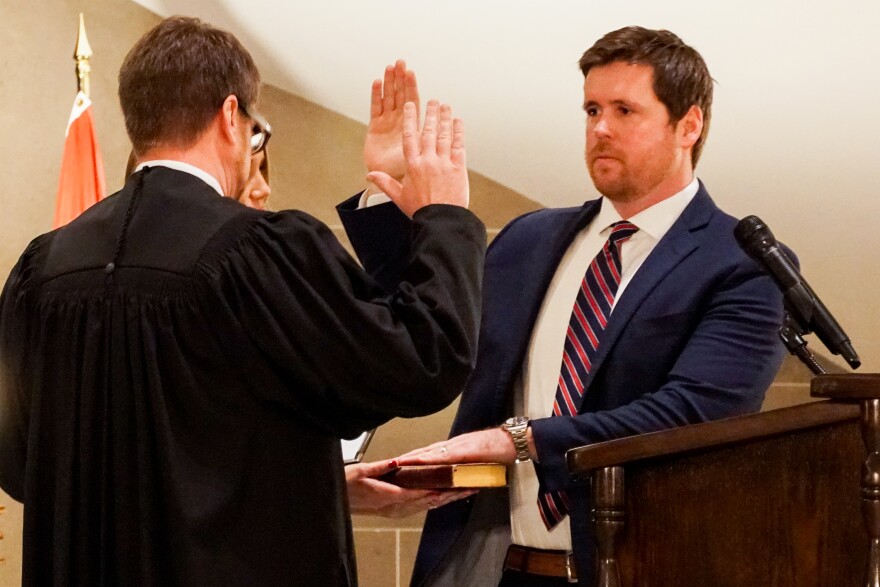 Scott Fitzpatrick is sworn in as the next state auditor by Jack Goodman, Chief Judge of Missouri Court of Appeals for the Southern District, on Monday, Jan. 9, 2023, at the Missouri State Capitol in Jefferson City.