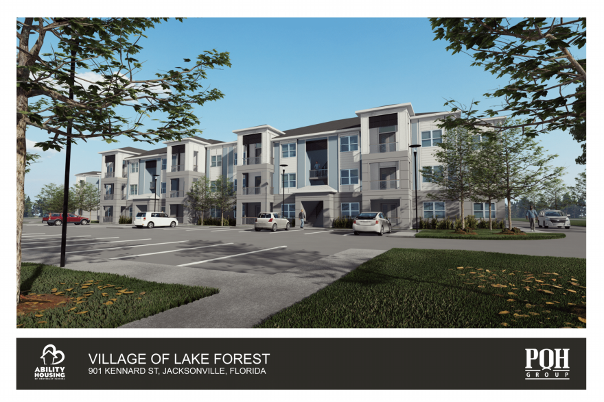 The mock-up of the proposed housing complex in Lake Forest. Jacksonville City Council is set to vote on rezoning the land to approve sale to Ability Housing on Tuesday.