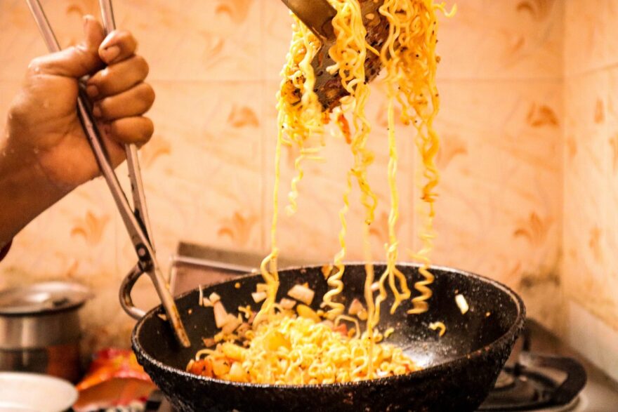 Cooking noodles at home.