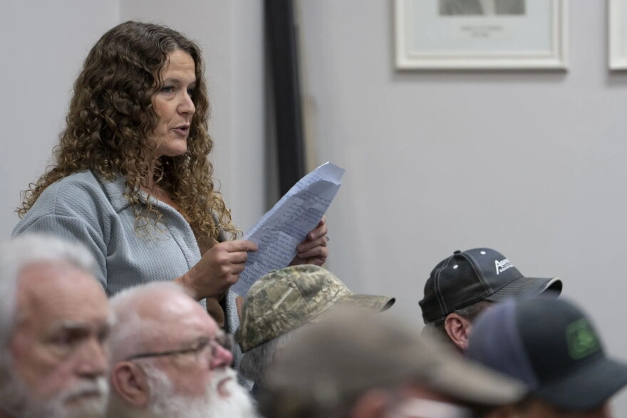 Wynee Benedict, of Nebraska City, Nebraska, speaks during a Board of Commissioners meeting at the Otoe County Courthouse.