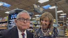 Gov Mike and First Lady Fran DeWine at a Columbus-area Kroger store on September 25, 2026. They were there to talk about the store's participation in the Dolly Parton Imaginary Library program on what DeWine has declared "Dolly Parton Day" in Ohio. Gov. DeWine also talked to reporters about a gas tax holiday bill being proposed by the Ohio Legislature.