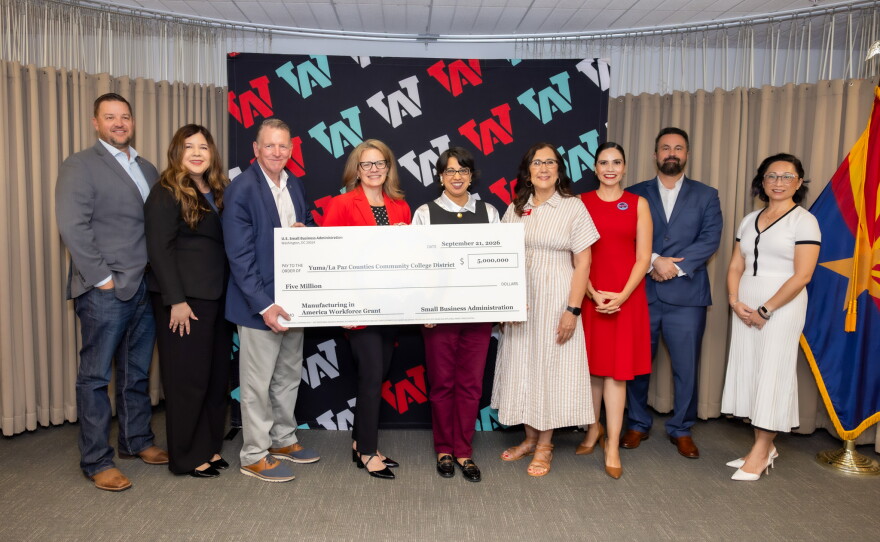 Representatives from the U.S. Small Business Administration presented AWC with a $5M check Monday, Sept. 21. Pictured here, left to right: SBA District Director Corey Wunderlich, AWC Dean of CTE and Nursing Programs Cinthia Reyes, U.S. Rep. Paul Gosar, SBA Associate Administrator Lisa Shimkat, AWC President Dr. Reetika Dhawan, AWC District Governing Board Member Olivia Zepeda, AWC Small Business Development Center Director Crystal Mendoza, AWC Entrepreneurial College Executive Vice President Dr. Shadi Kilani, and AWC Dean of Healthcare Programs Joann Chang.