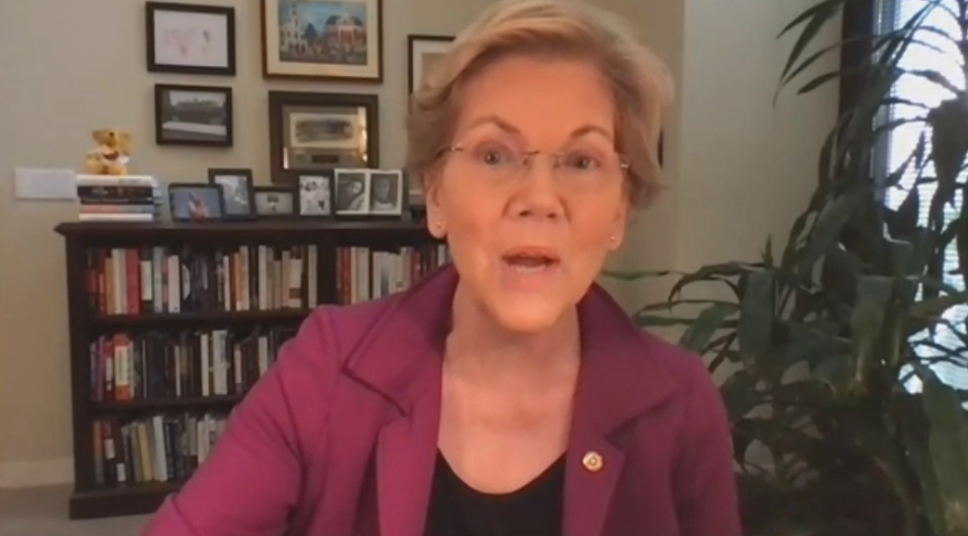 Massachusetts Senator Elizabeth Warren speaks at virtual meeting for banks