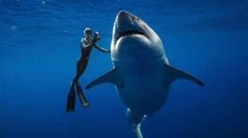 Ocean Ramsey, a shark researcher and advocate, swims with a great white shark off the shore of Oahu. Ramsey told AP earlier this month that images of her swimming next to a huge great white shark prove that these top predators should be protected.