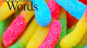 A way with words logo and gummy worms