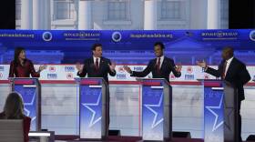 From left to right, former U.N. Ambassador Nikki Haley, Florida Gov. Ron DeSantis, businessman Vivek Ramaswamy and Sen. Tim Scott, R-S.C., argue a point during a Republican presidential primary debate hosted by FOX Business Network and Univision, Wednesday, Sept. 27, 2023, at the Ronald Reagan Presidential Library in Simi Valley, Calif. (Mark J. Terrill/AP)