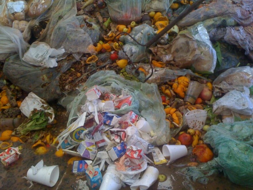 A photo showing trash mixed in with light green plastic bags.