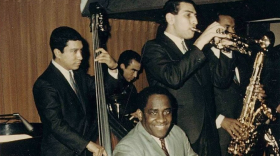 Marty Sheller (trumpet) with Mongo Santamaria (front), Victor Vengas (bass), Carmelo Garcia (timbales) and Hubert Laws (saxophone)