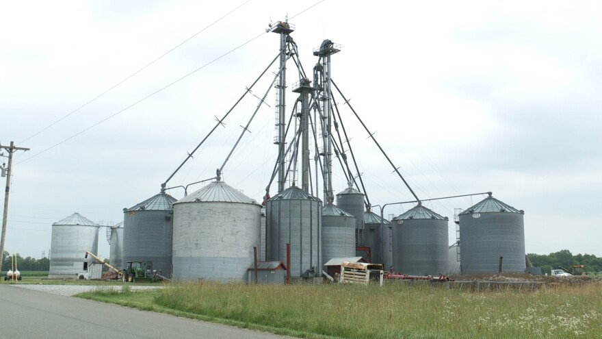A cluster of grain bins in a field.