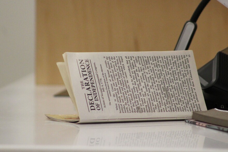 A copy of the Declaration of Independence rests on the dais during a Kenai Peninsula Borough assembly meeting on May 21.