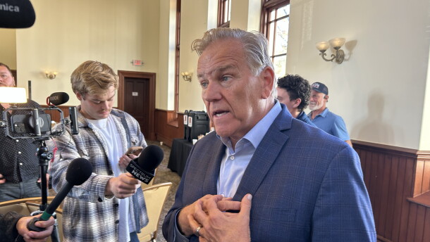 Former congressman Mike Rogers, Republican candidate for Michigan's open U.S Senate seat, takes questions from the press at a business event in Traverse City on Friday, Oct. 23, 2026