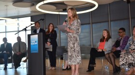 Charlotte Nemec from Canopy Credit Union speaks at a press conference announcing the formation of Spokane's Safe and Healthy Task Force in October 2025.