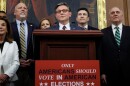 House Speaker Mike Johnson, R-La., joined by Republican leadership and supporters, speaks to reporters on the SAVE America Act on Capitol Hill in Washington, Wednesday, Feb. 11, 2026, in Washington. (AP Photo/Tom Brenner)