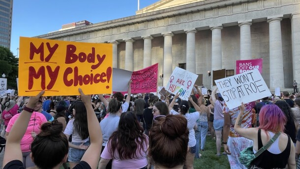 Opponents of the US Supreme Court decision overturning the landmark Roe v. Wade decision legalizing abortion at the Ohio Statehouse in June 2022