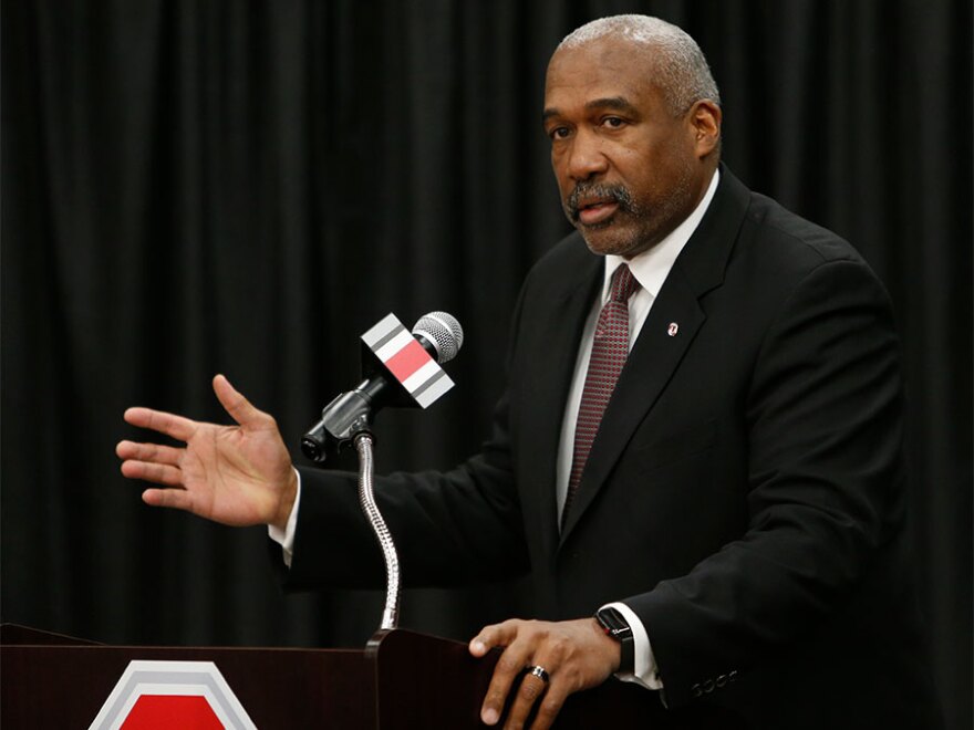 Ohio State athletics director Gene Smith answers questions during a news conference on Dec. 4, 2018, in Columbus. [Jay LaPrete / AP]