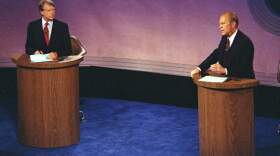 President Gerald Ford, right, speaks as Jimmy Carter listens during the first of three televised debates on Sept. 23, 1976, in Philadelphia. (AP)