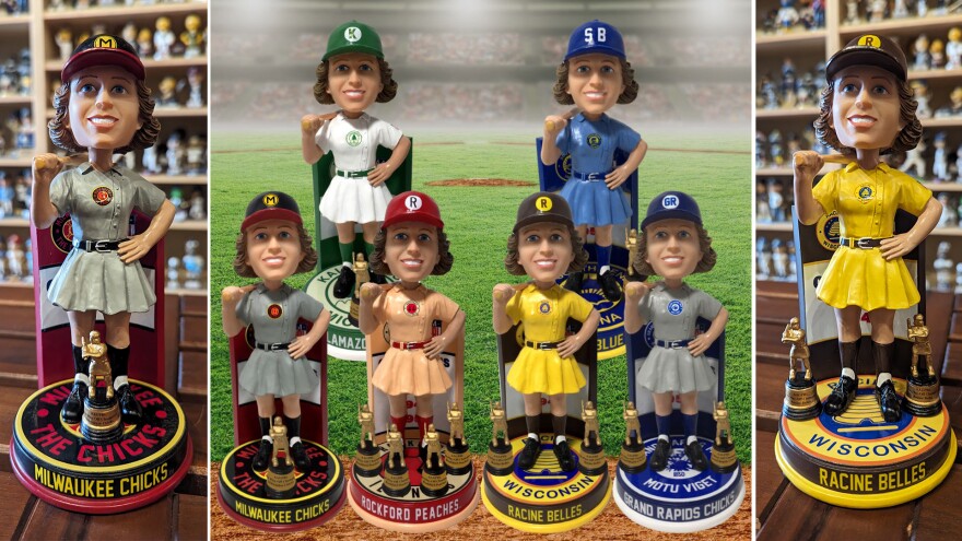 A series of colorful bobbleheads depicts a women's baseball player from the 1940s with a bat over her shoulder.