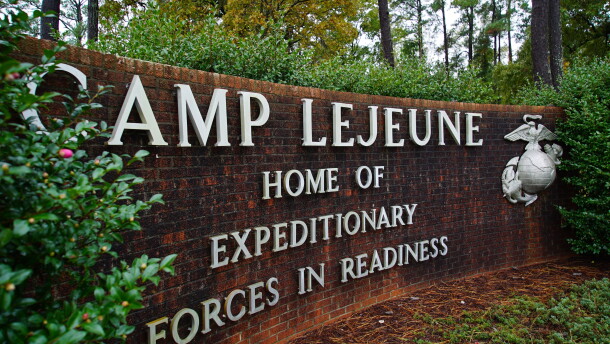 An ornamental sign with the Marine Corps emblem greets visitors to Camp Lejeune, N.C., on Thursday, Oct. 30, 2025.
