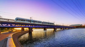 Tempe town lake light rail with blue lights