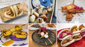 Six images of colorful Latin-Asian fusion meals.