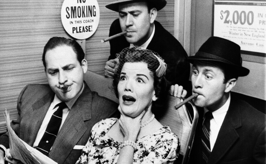 Reiner (top center), Sid Caesar (left), and Howard Morris bother railroad commuter Nanette Fabray on an episode of the sketch comedy show <em>Caesar's Hour </em>in 1955.