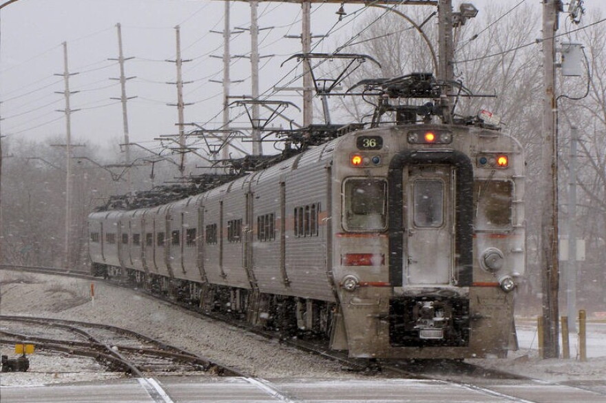 South Shore Line train leaves the Miller station on its journey to South Bend.