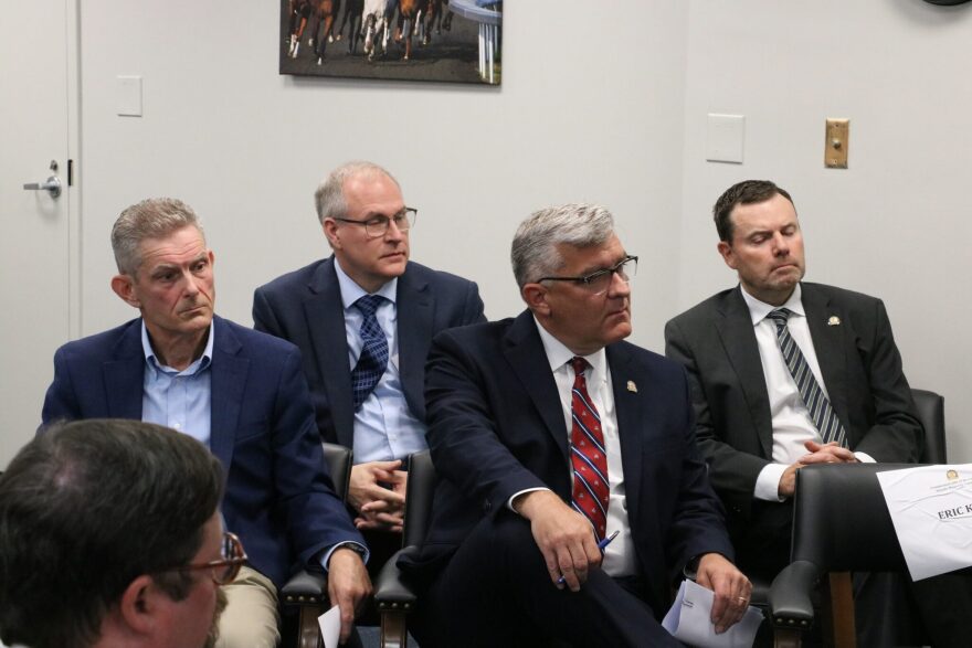Republican state lawmakers sit with members of the Energy Planning and Inventory Commission. From left to right: Jeff Brock, a vice president for coal company Alliance Resource Partners; Rodney Andrews, the executive director of the Center for Applied Energy Research at the University of Kentucky; Sen. Robby Mills, R-Henderson; Sen. Steve West, R-Paris.