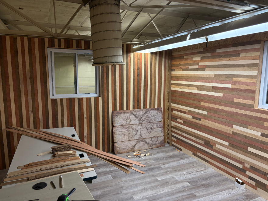 Students in the Heights woodshop class created a space that can be used as a conference room. The building is currently housed in Robert Hall’s classroom.