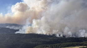 Smoke rising from a wooded foothills area.