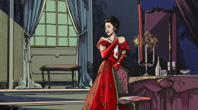  Illustration of a woman in a red dress looking out a window in a candle lit room