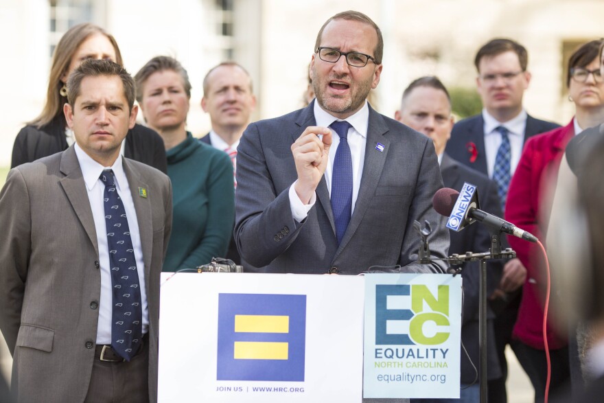 Chad Griffin, president of the Human Rights Campaign, speaks to the media Thursday, March 31, 2016 at the NC state capitol in Raleigh. Opponents of HB2 later delivered a letter signed by more than 100 major companies to Gov. Pat McCrory urging he and the 