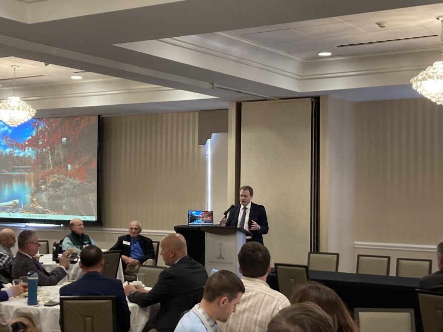 State House Speaker Destin Hall speaks during the rail conference in Morganton Wednesday, March 18, 2026.