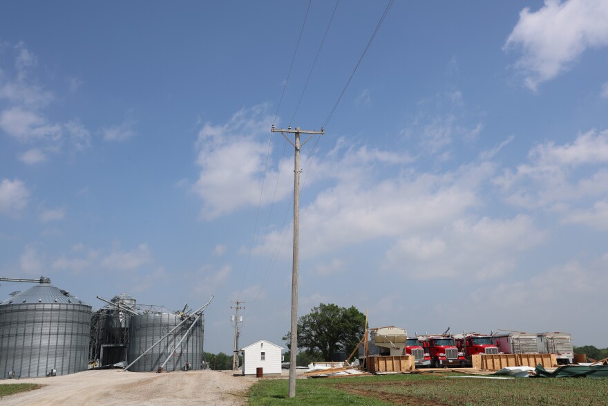 A grain silo in rural Columbus, Kansas was severely damaged due to strong winds during the storm on Sunday, April 25, 2026.