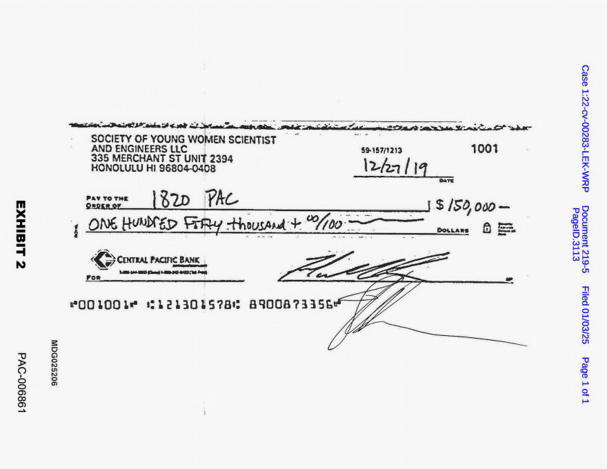 A check shows the amount of $150,000 paid to the Collins super PAC.