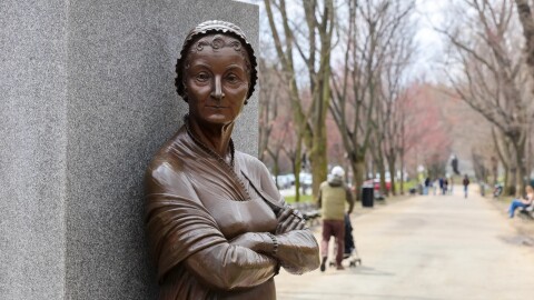 A stature of Abigail Adams on Commonwealth Avenue at the Boston Women's Memorial on Tuesday, April 7, 2026.