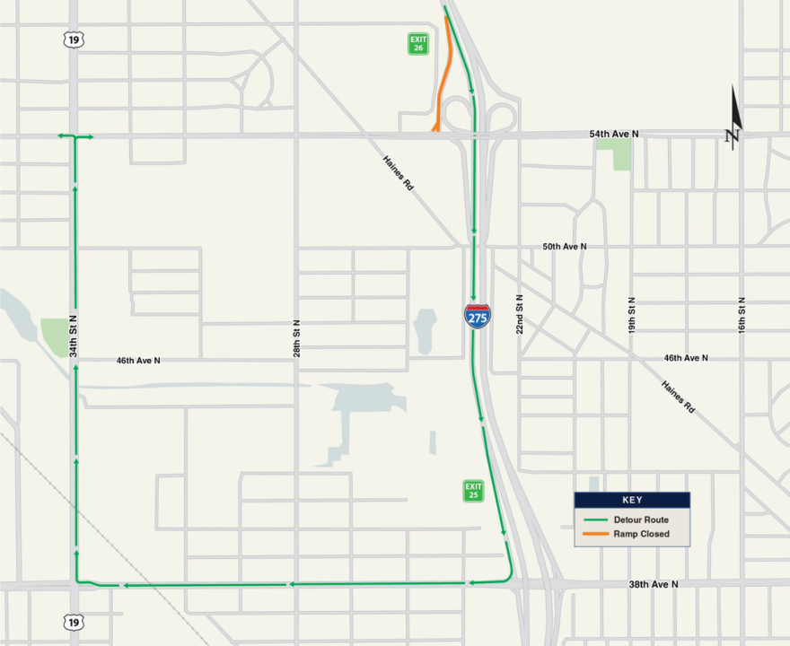 Mapa de desvío por el cierre de la rampa de salida 26 de la I-275 rumbo al sur hacia la 54th Avenue N.