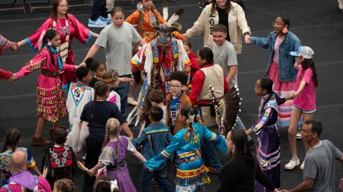 People participate during the BraveNation Powwow and Gather at UNC Pembroke, March 22, 2025, in Pembroke, N.C.