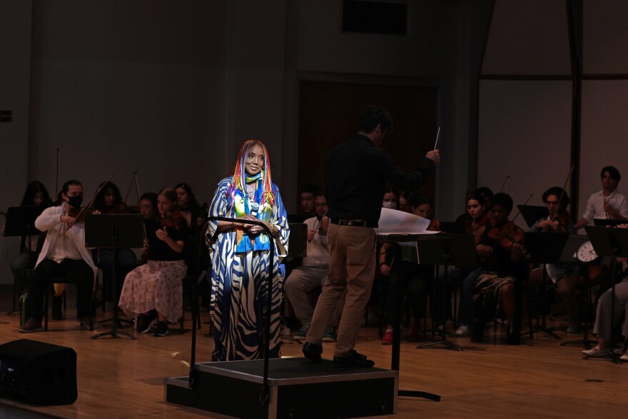 Grammy award-winner Lucrecia sings during a rehearsal at the Herbert and Nicole Wertheim School of Music & Performing Arts Nov. 18, 2025.