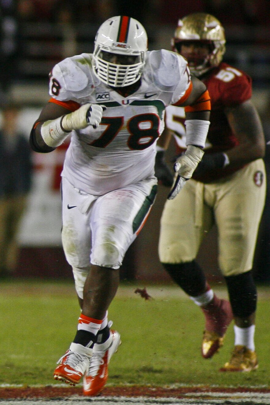 Miami defensive lineman Justin Renfrow (78) in the third quarter of an NCAA college football game against Florida State Saturday, Nov. 2, 2013, in Tallahassee, Fla. Florida State beat Miami 41-14. (AP Photo/Phil Sears)