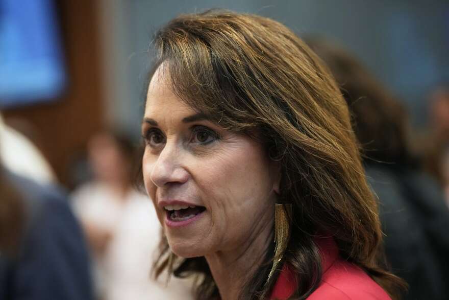 Louisiana Attorney General Liz Murrill speaks with attendees during an election night watch party for U.S. Senate candidate Rep. Julia Letlow, R-La., May 16, 2026, in Baton Rouge, La.
