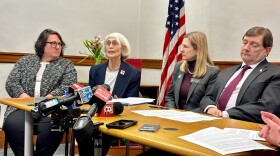 Sen. Peggy Rotundo, D-Lewiston, is flanked by Rep. Maureen Terry (left), D-Gorham, and Sen. Anne Carney, D-Cape Elizabeth, as she discusses the gun safety bills Democrats introduced Feb. 28. Senate President Troy Jackson, D-Allagash (far right) says the bills are meant to prevent gun violence while protecting the constitutional right to bear arms.