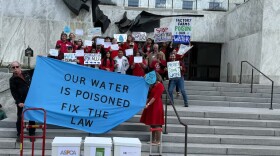 An image provided by the nonprofit Food and Water Watch of a group of environmental advocates standing on the the steps of the Oregon Statehouse in support of Senate Bill 80, April 3,2025.