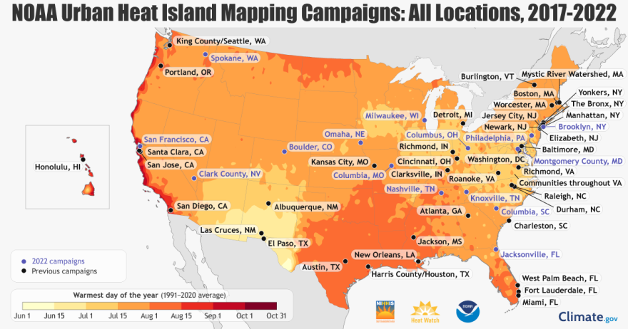 NOAA, partners and citizen volunteers have conducted heat island mapping campaigns in more than 60 communities from 2017 to 2022.