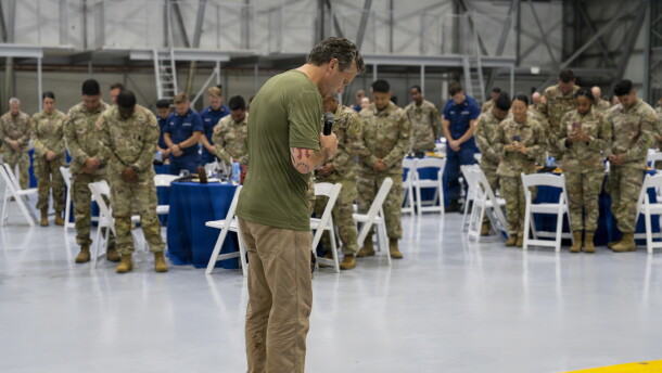 Defense Secretary Pete Hegseth prays with service members in Panama City, Panama Aug. 12, 2026 during PANAMAX 2026, a multinational field training exercise.
