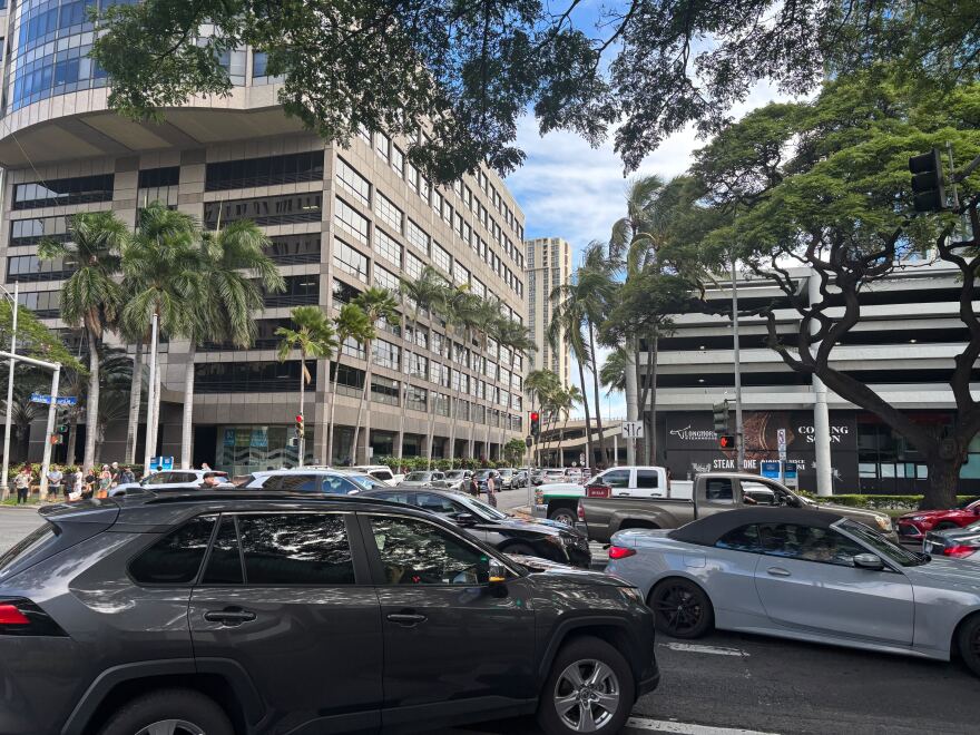 Cars try to leave the Ala Moana area in Honolulu during a tsunami warning on Tuesday, July 29, 2025.