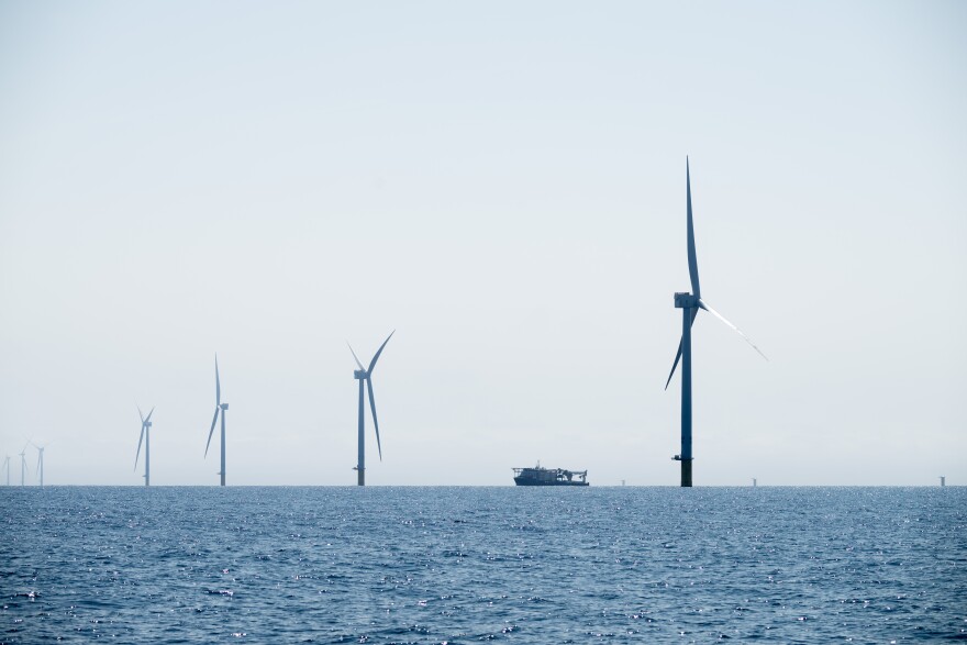 Wind turbines in the Vineyard Wind offshore wind site near the coast of Martha’s Vineyard in Mass. on Monday, Sept. 16, 2024. (Raquel C Zaldívar/New England News Collaborative)